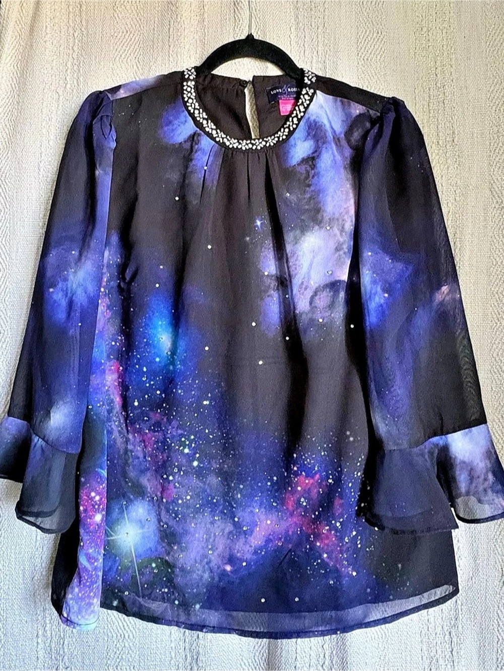 Love & Roses Black Galaxy Print Embellished Flute Sleeve Blouse Black & Blue